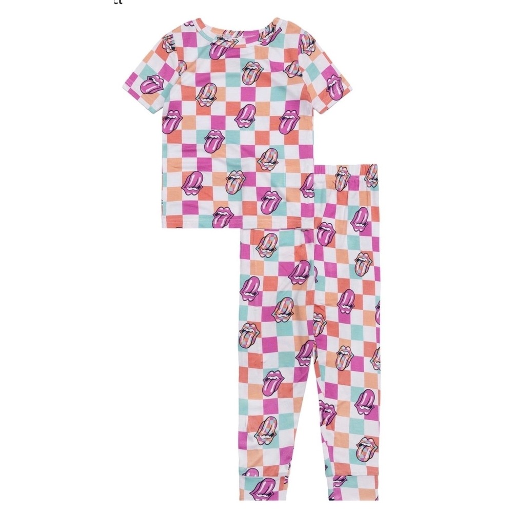The Rolling Stones Toddler Girls 3T Pajama Set 2pc Checkered Tongue Logo NWT